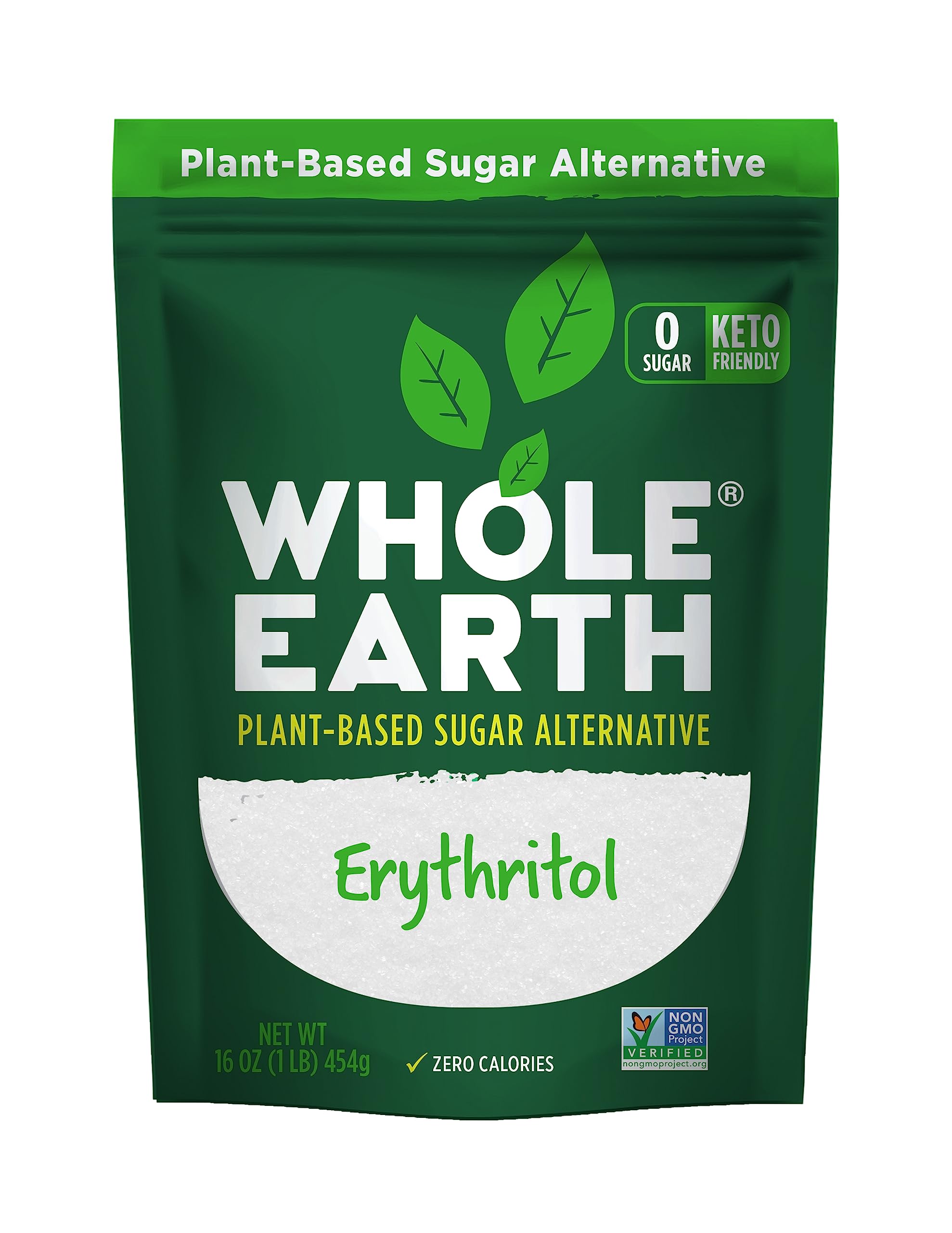 Whole Earth front pouch showing brand and 16 oz size, easy pantry storage benefit