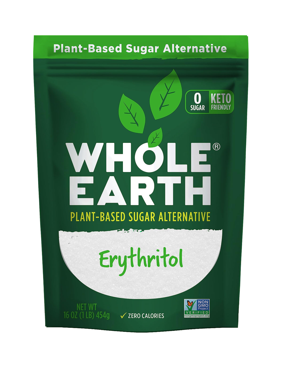 Whole Earth front pouch showing brand and 16 oz size, easy pantry storage benefit