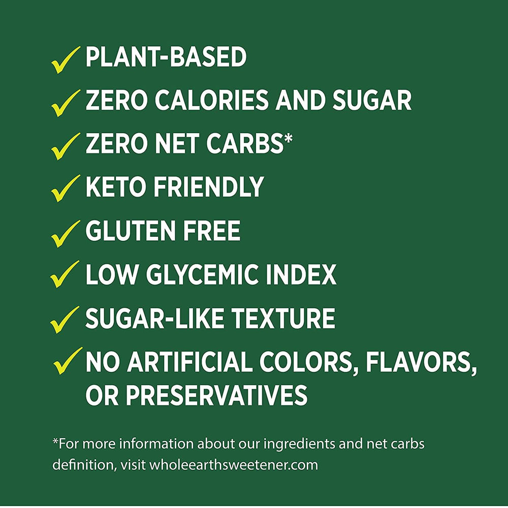 Open Whole Earth pouch with spoonful of sweetener, convenient resealable use benefit