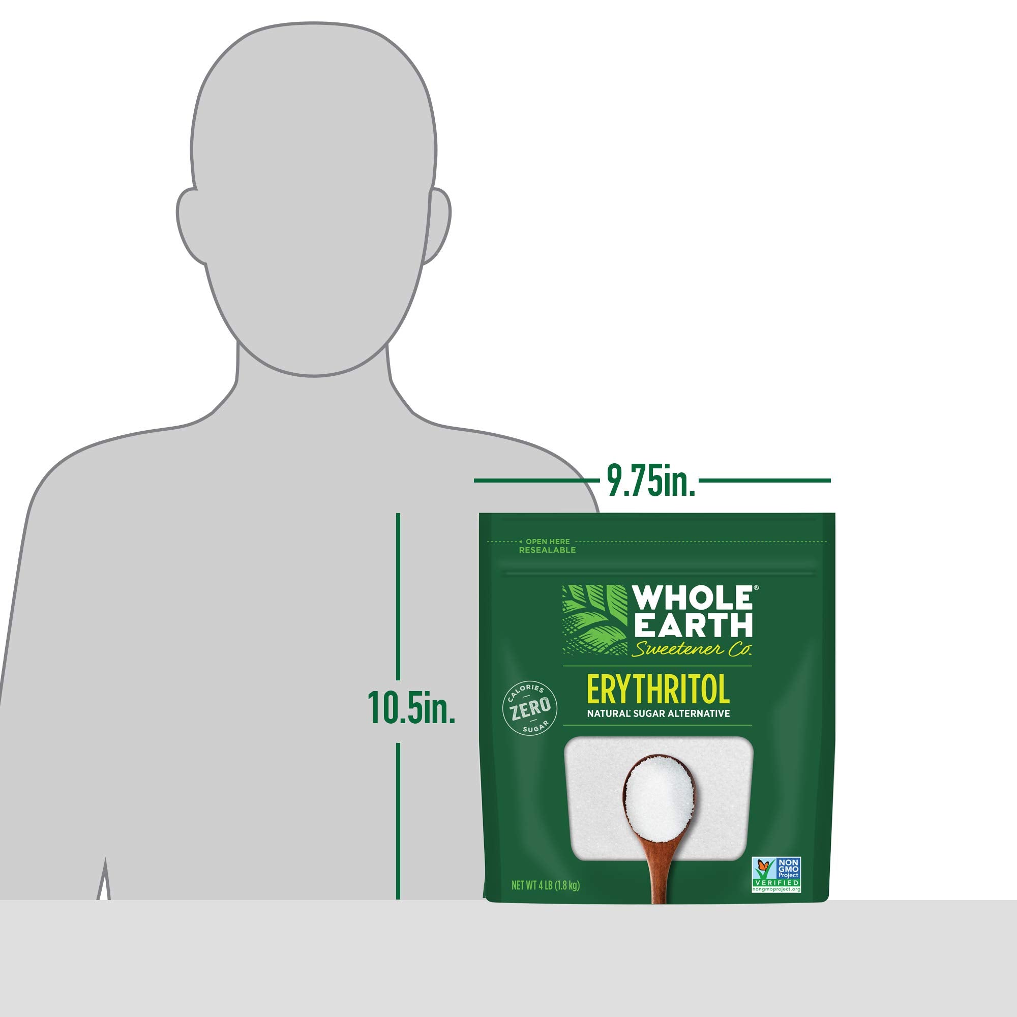 Whole Earth pouch next to a hand for scale showing 4 pound bulk convenience