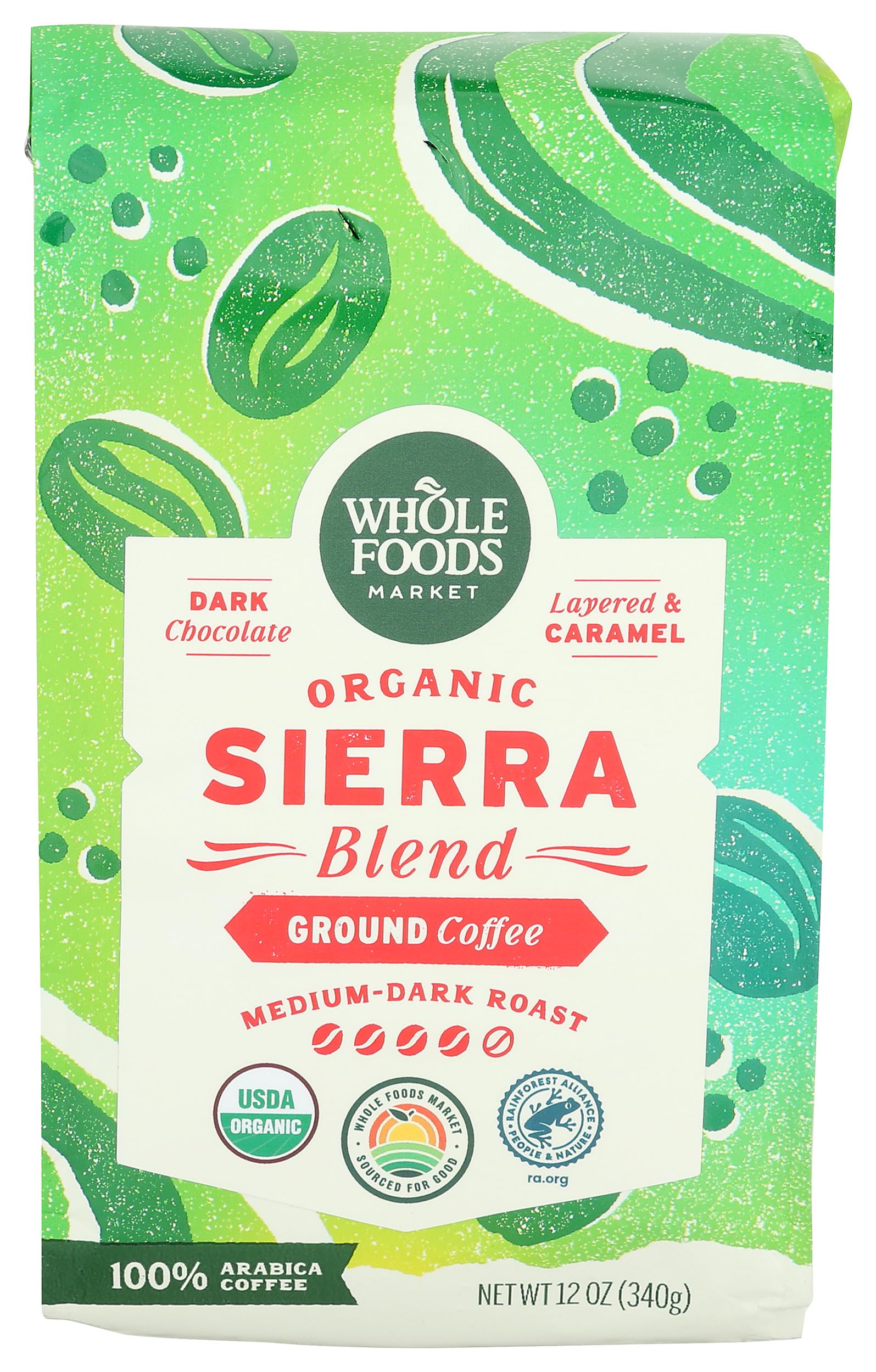 Whole Foods Market front packaging showing 12-ounce bag and branding benefits