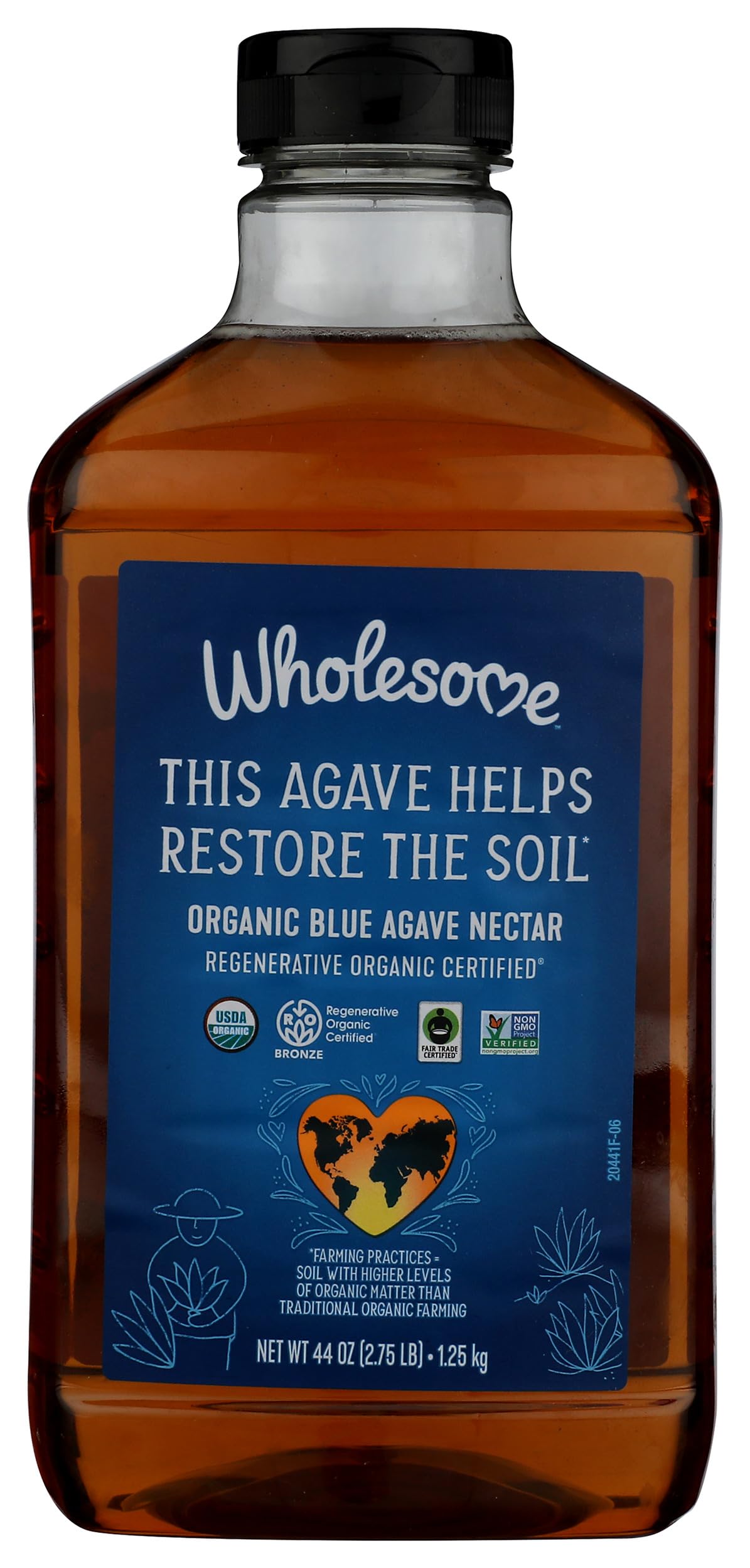 Wholesome blue agave front bottle showing label and recyclable packaging benefit
