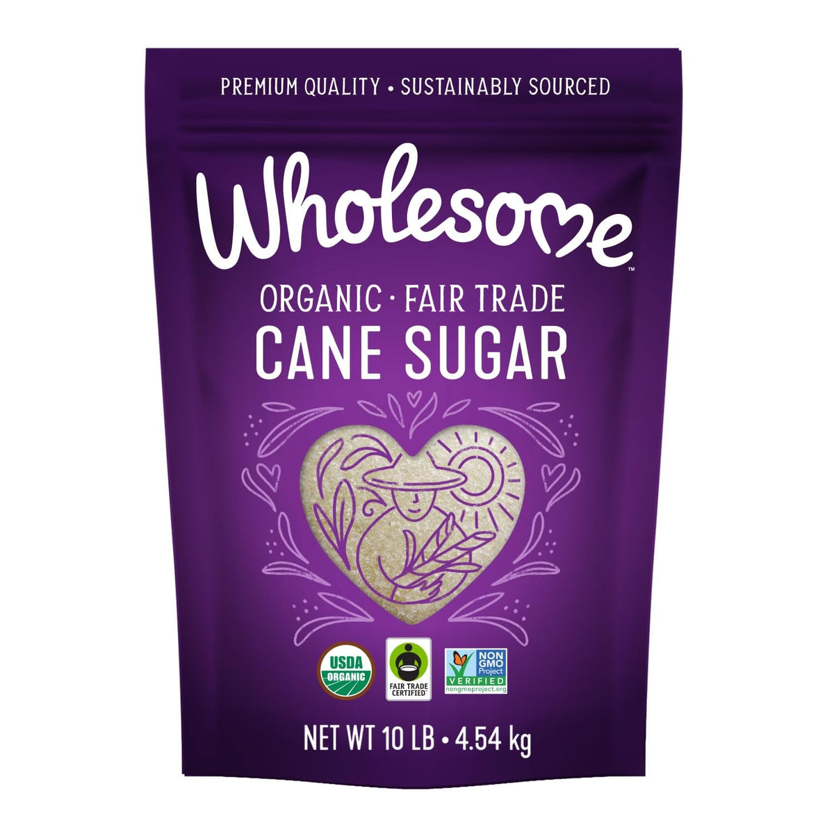 Wholesome front packaging showing 10 lb bag and certifications, supports ethical sourcing