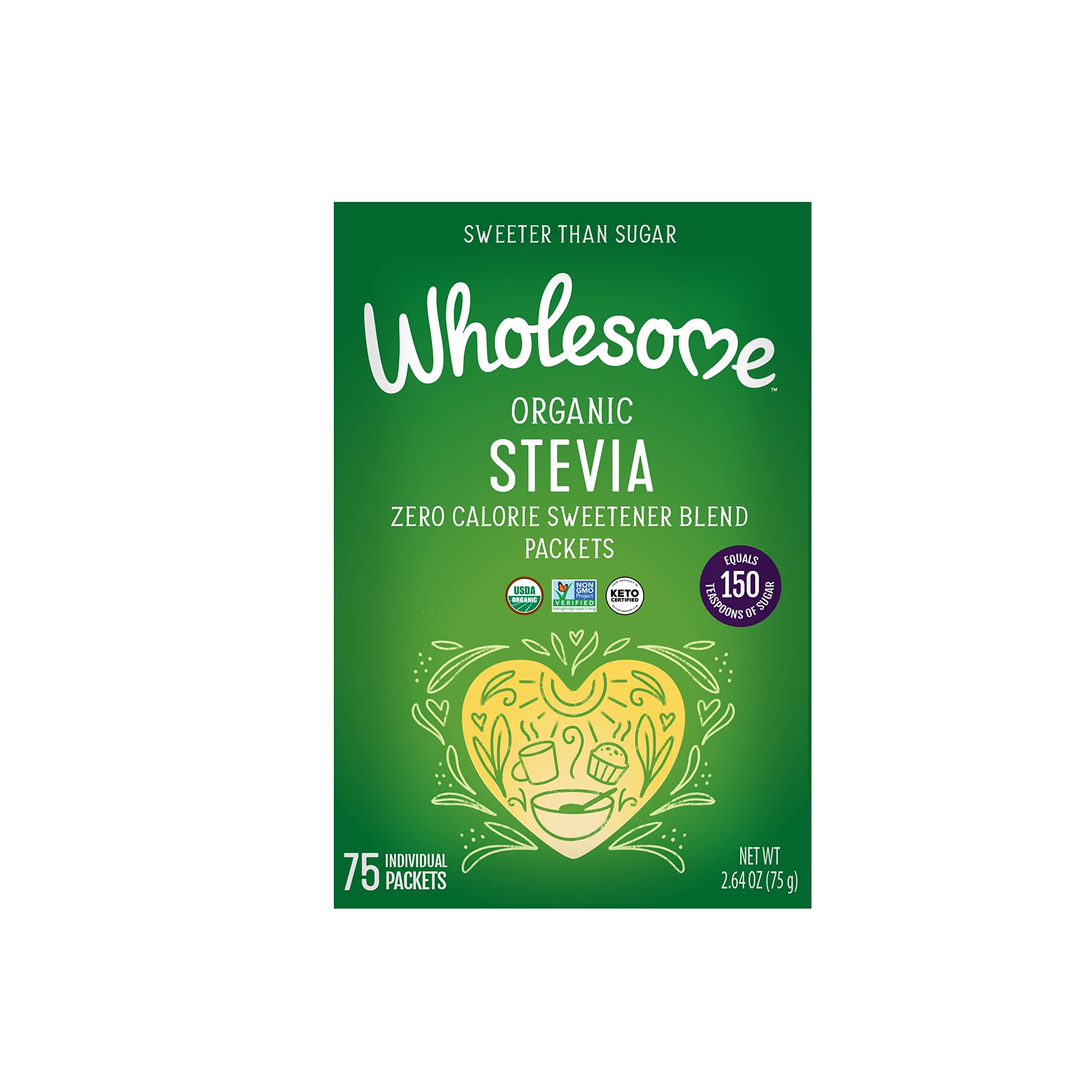 Wholesome front packaging showing packets and brand, highlighting convenient calorie-free sweetener