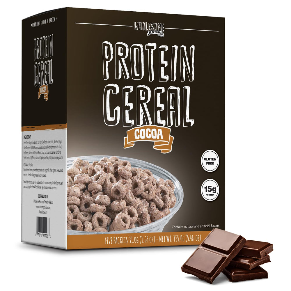Wholesome Provisions front packaging showing five packets and cocoa cereal benefit clarity