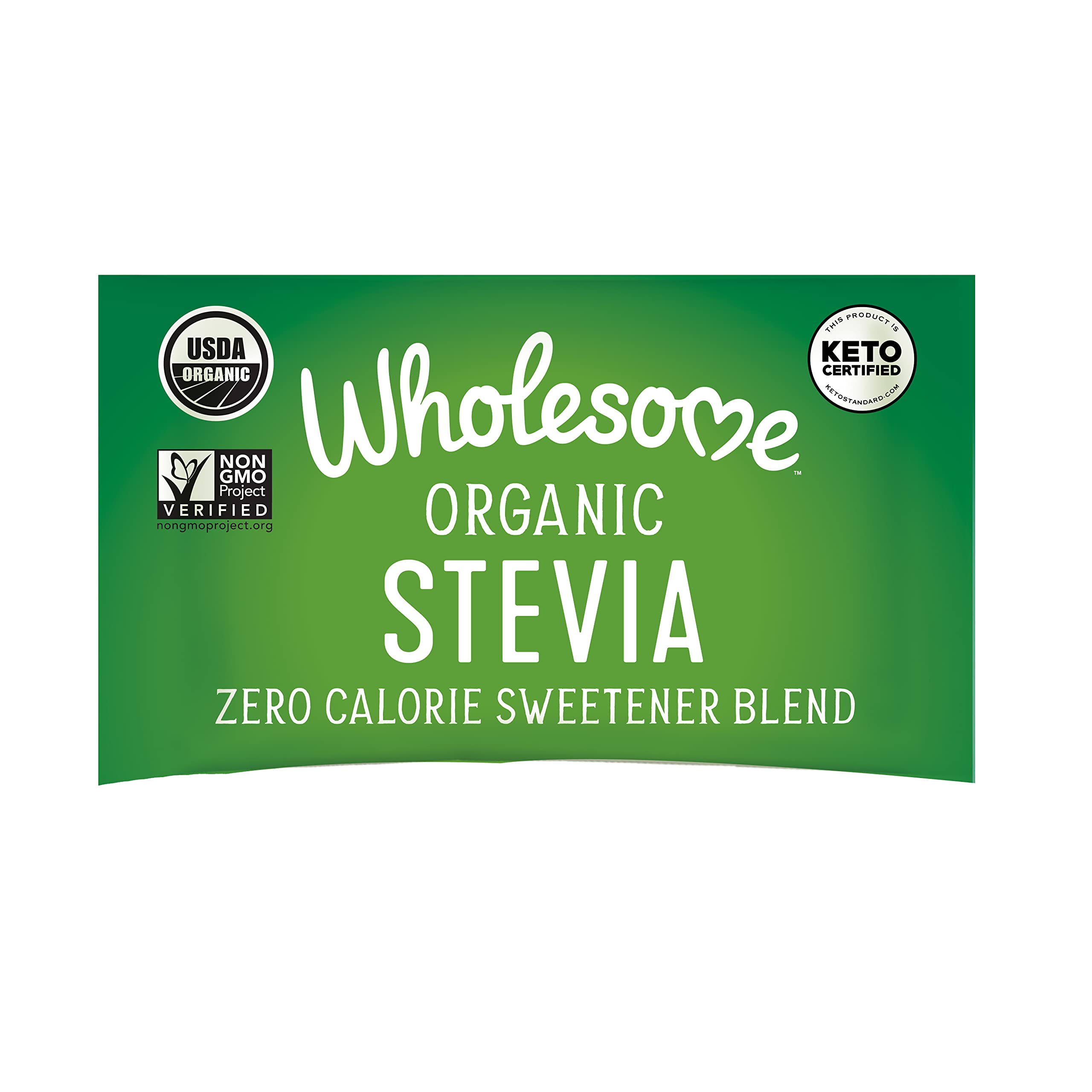 Wholesome front packaging of 1000-count organic stevia packets showing certifications and benefits
