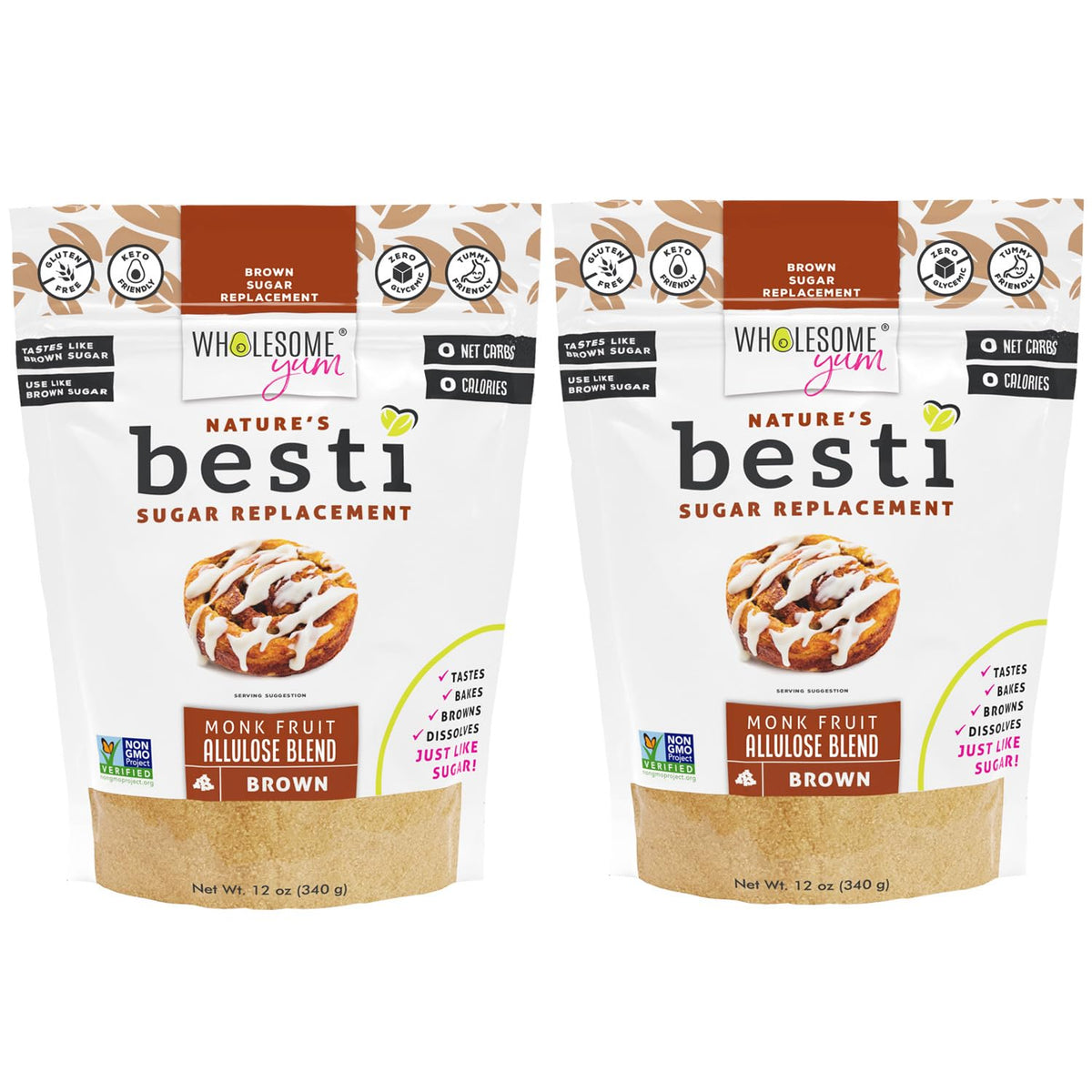 Wholesome Yum Besti Brown front packaging showing product benefit of brown sugar replacement
