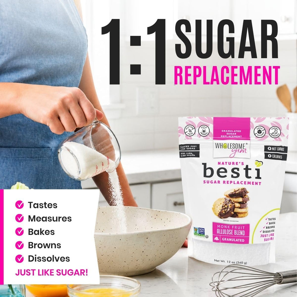 Wholesome Yum Besti pouch on countertop in kitchen lifestyle setting
