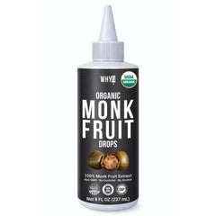WHYZ bottle front label showing organic monk fruit benefits and clear branding