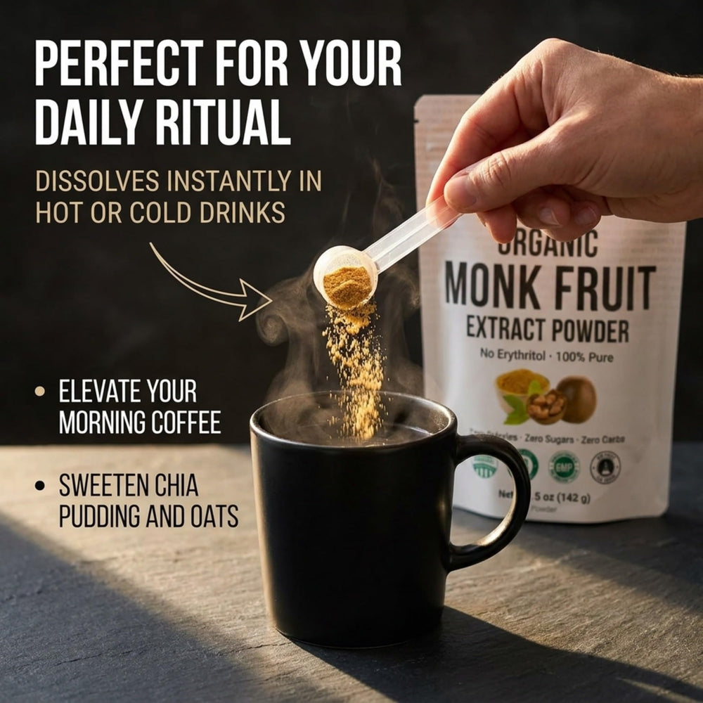 Cup of coffee sweetened with WHYZ monk fruit showing clean taste without added sugar