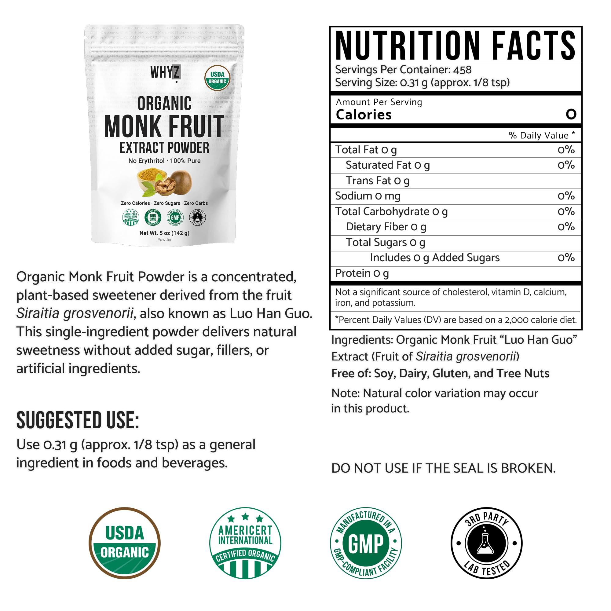 WHYZ open tin revealing finely powdered monk fruit extract ready for use and no fillers