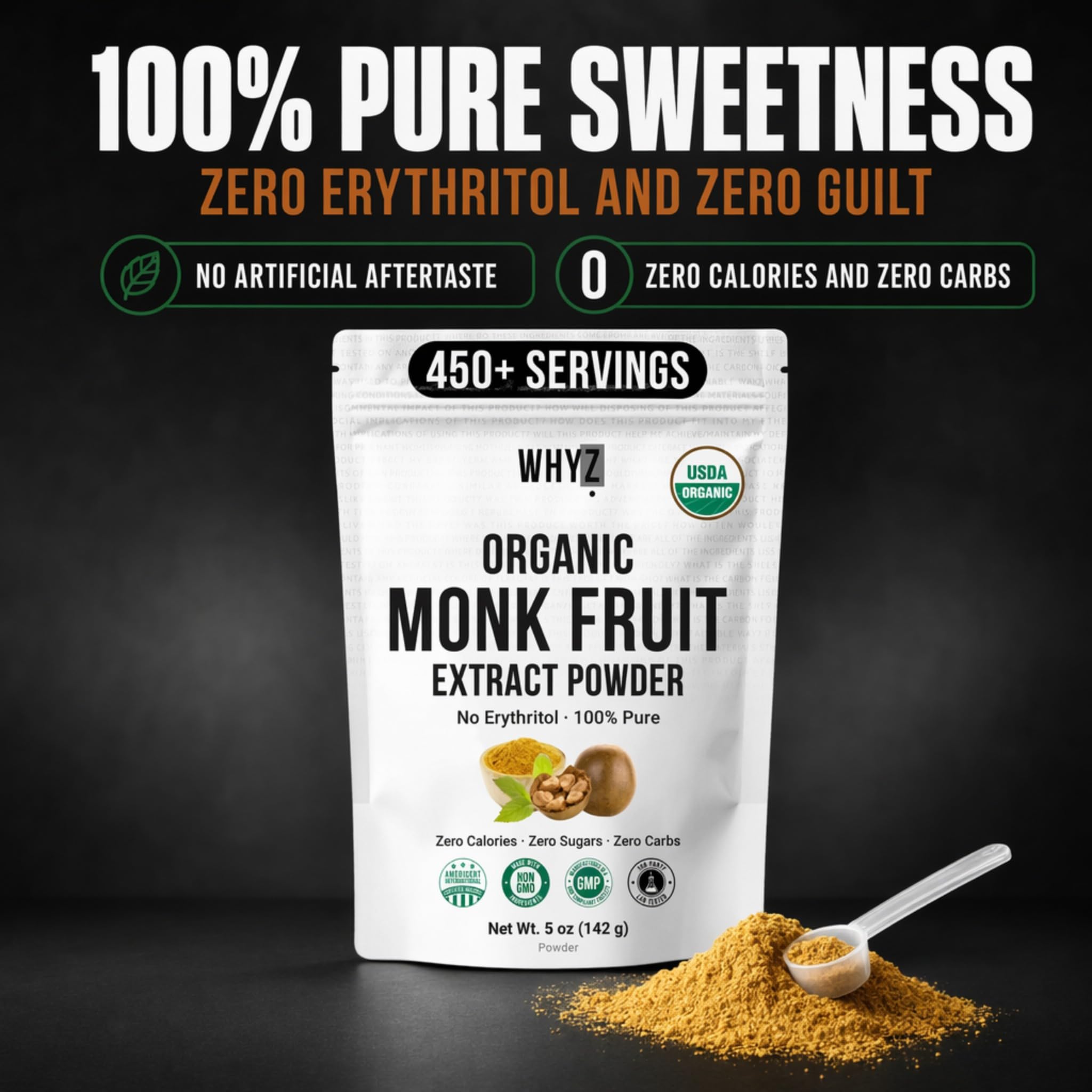 Close-up texture of WHYZ monk fruit powder highlighting fine grind that blends smoothly