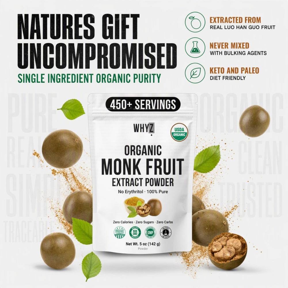 Small spoon of WHYZ monk fruit powder measuring a serving for precise, zero-calorie sweetness