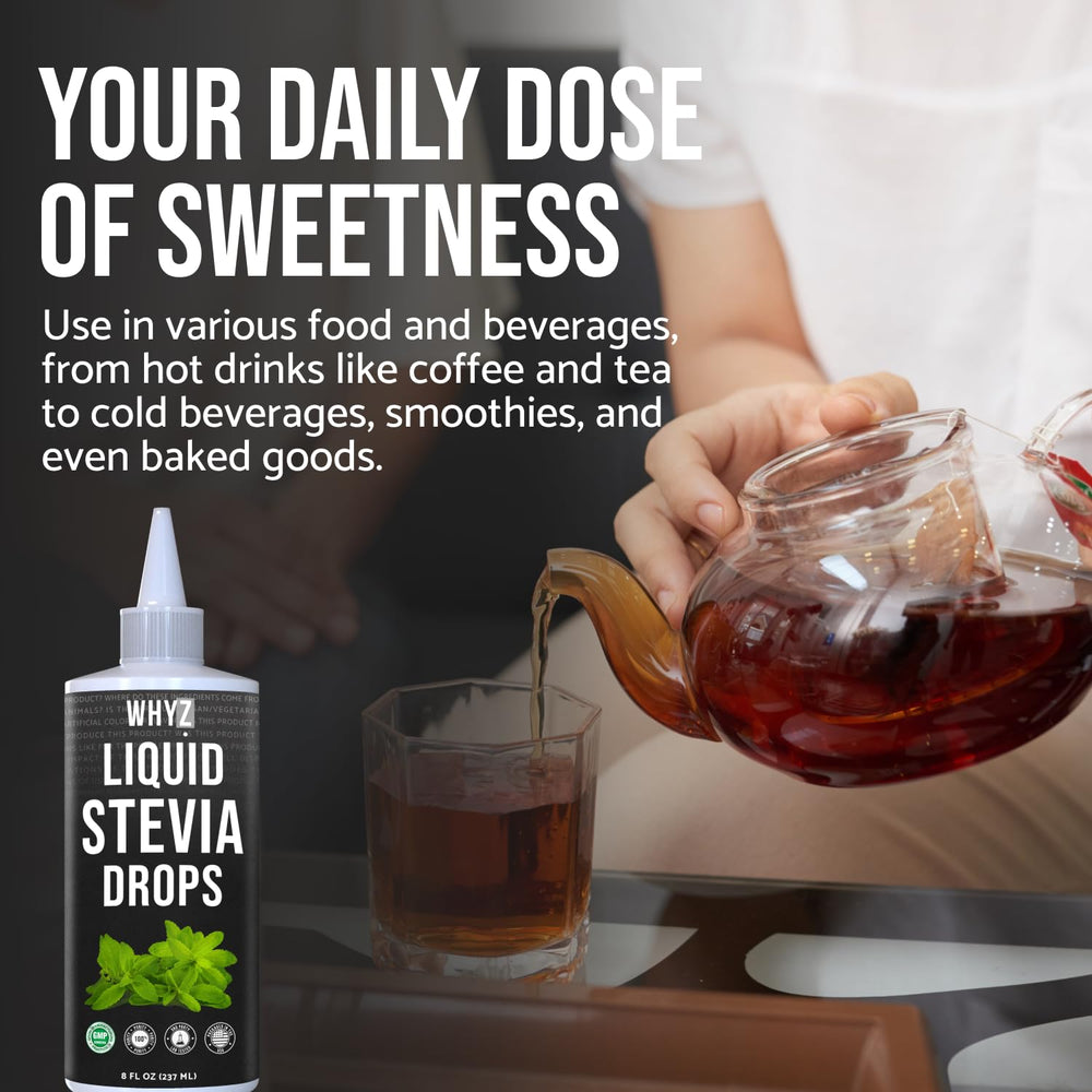 WHYZ stevia being poured into coffee to sweeten without calories and dissolve quickly