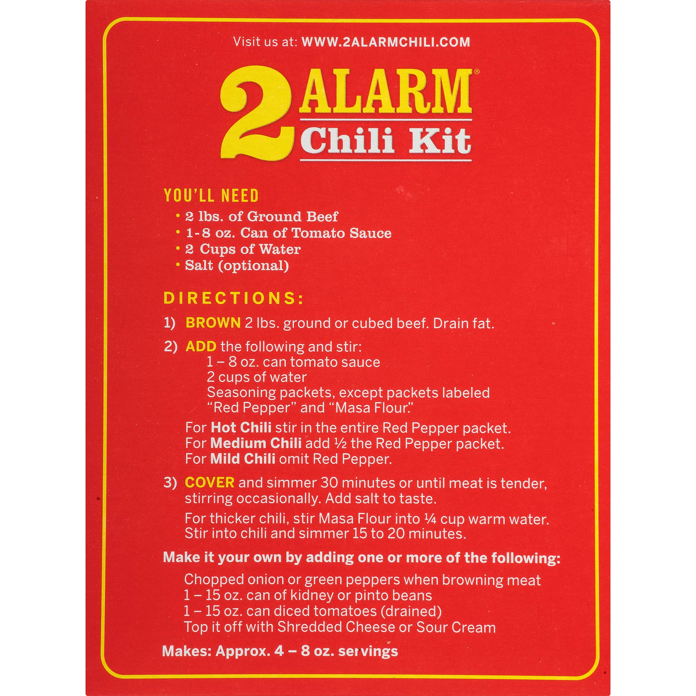 Portioned bowl of chili beside Wick Fowler's box showing serving size and yield