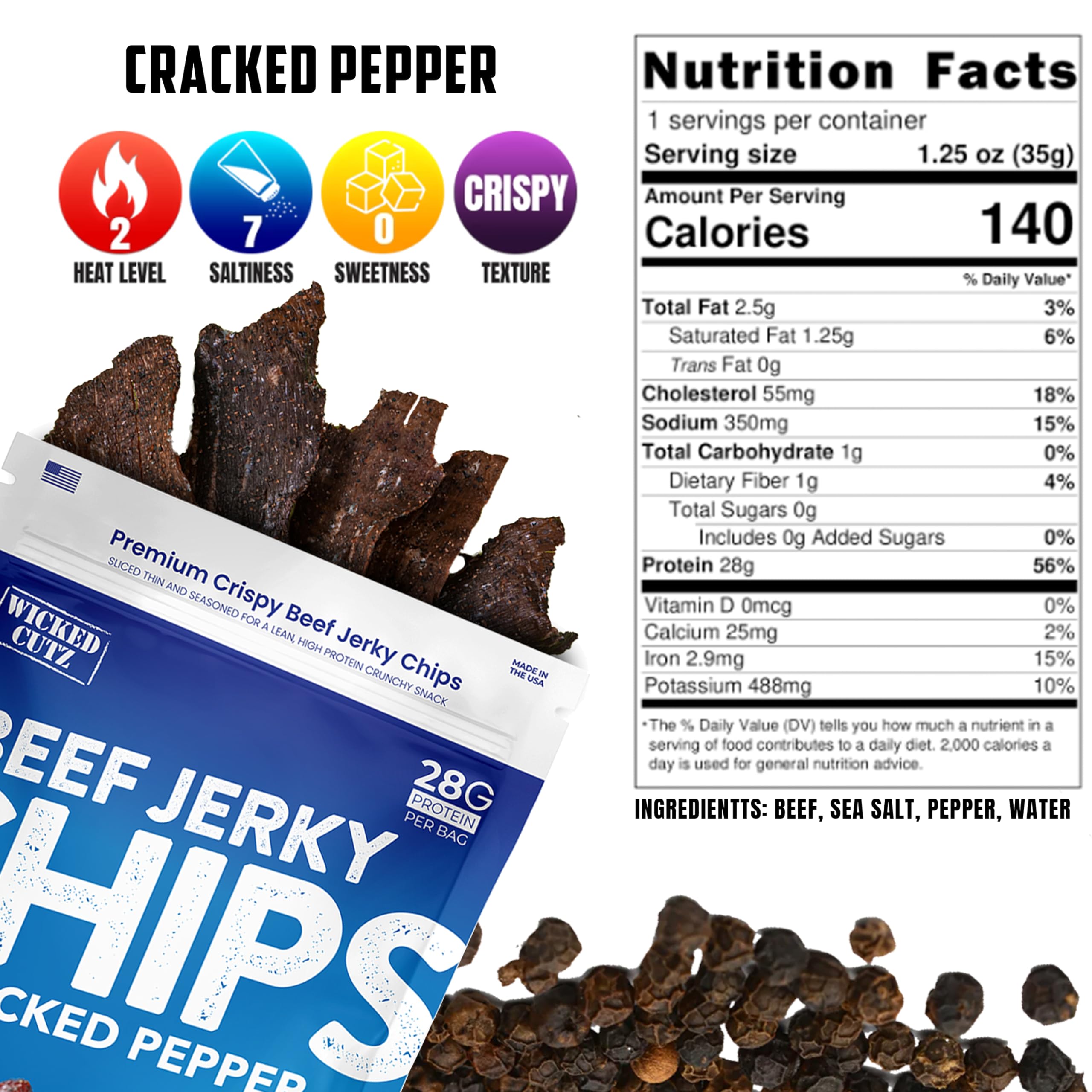 Wicked Cutz open bag with crispy beef chips ready to eat for portable protein