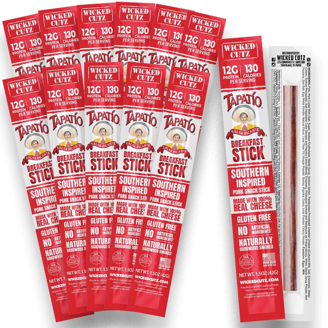 Wicked Cutz front packaging showing Tapatio breakfast sticks and protein benefits