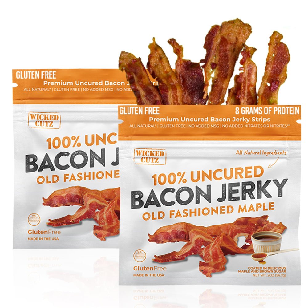 Wicked Cutz front packaging showing maple bacon jerky and protein benefit