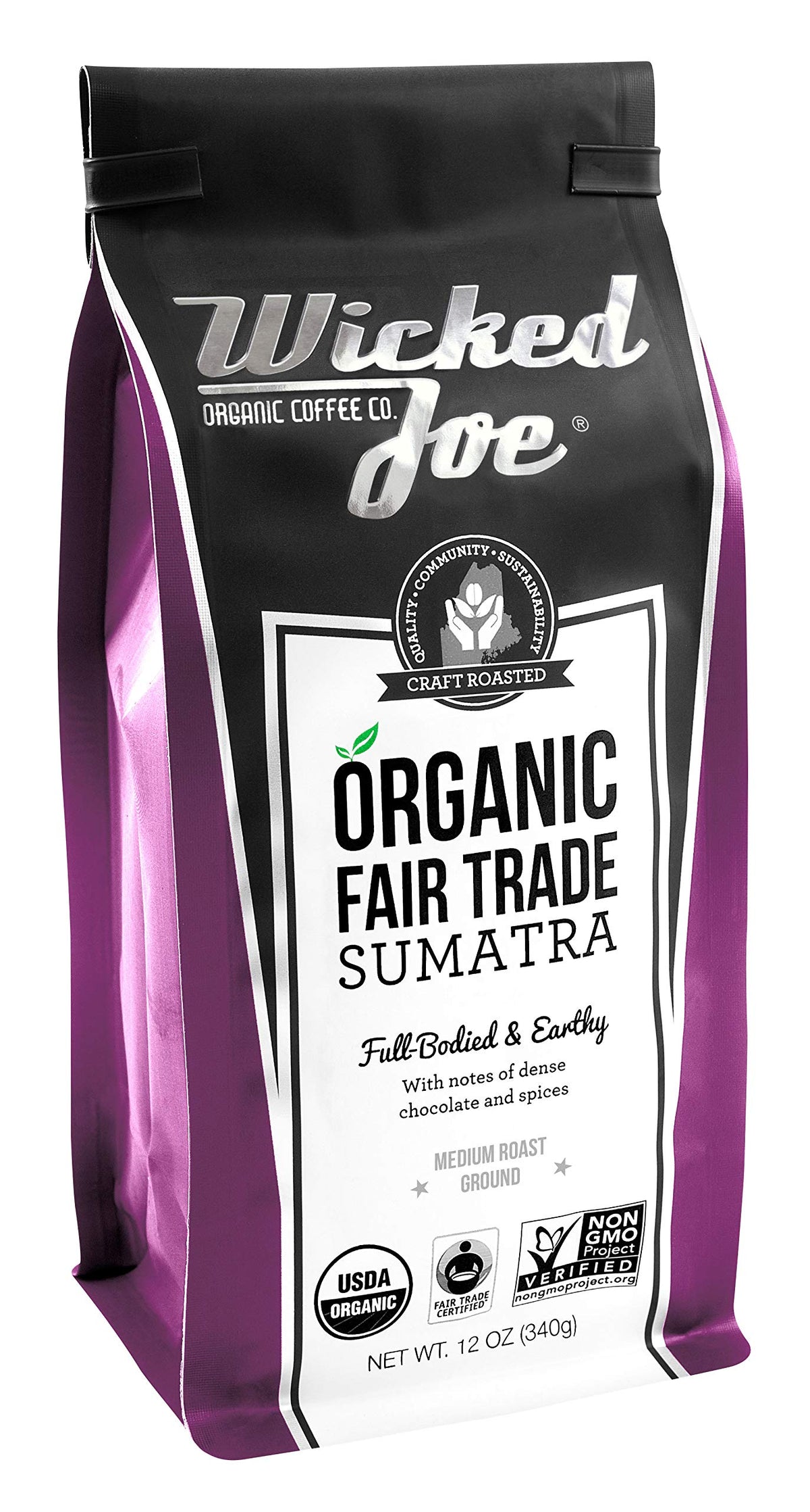 WICKED JOE Sumatra front packaging showing label and certifications, promotes sustainable sourcing