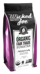 WICKED JOE Sumatra front packaging showing label and certifications, promotes sustainable sourcing