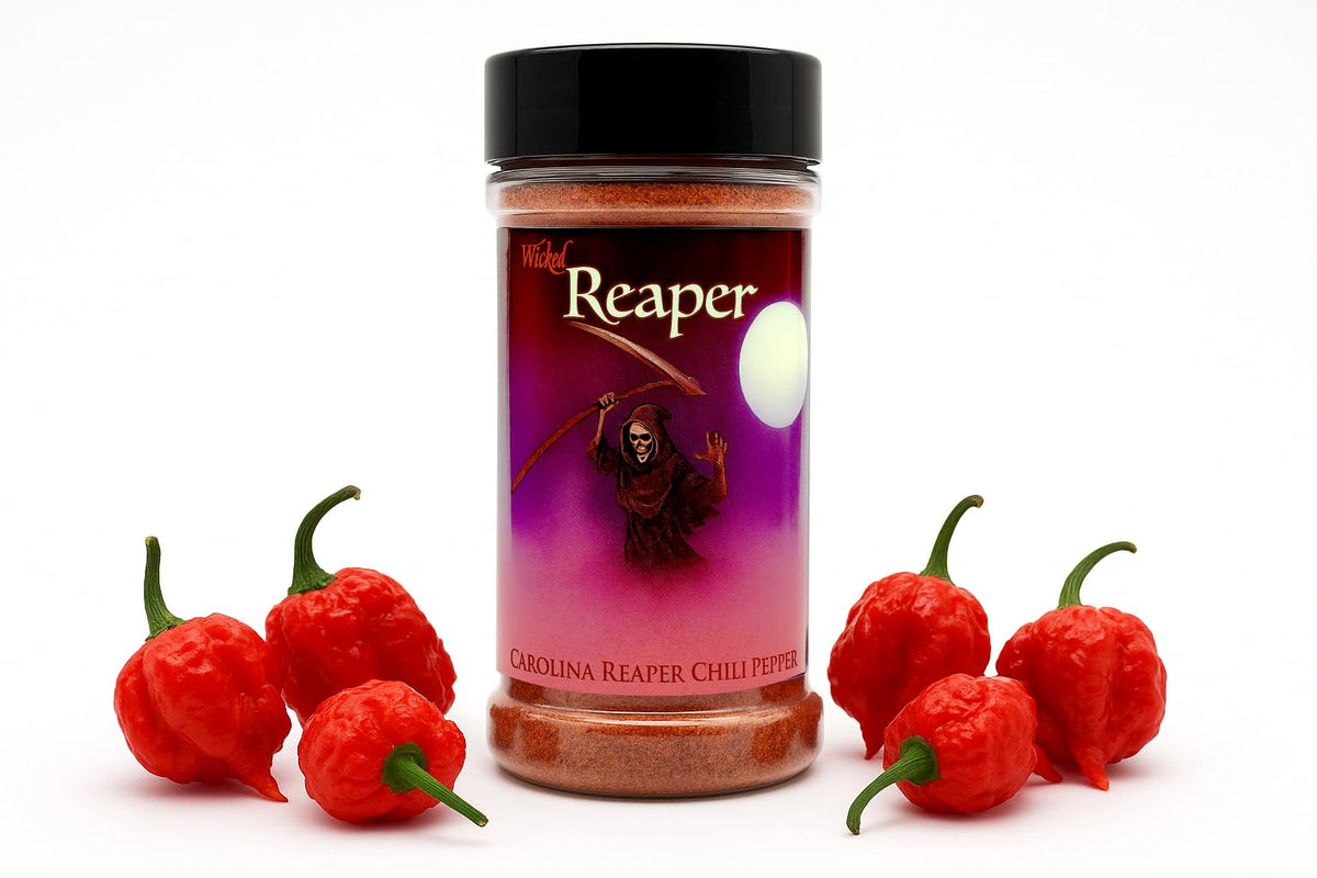 Wicked Reaper front label on 2 oz jar showing bold brand and heat, clear identification