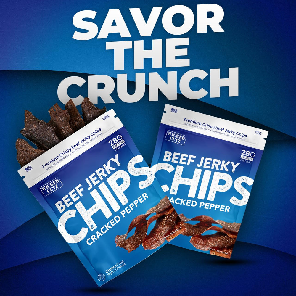 Wicked Cutz cracked pepper jerky chip texture emphasizing bold peppery flavor and satisfying crunch