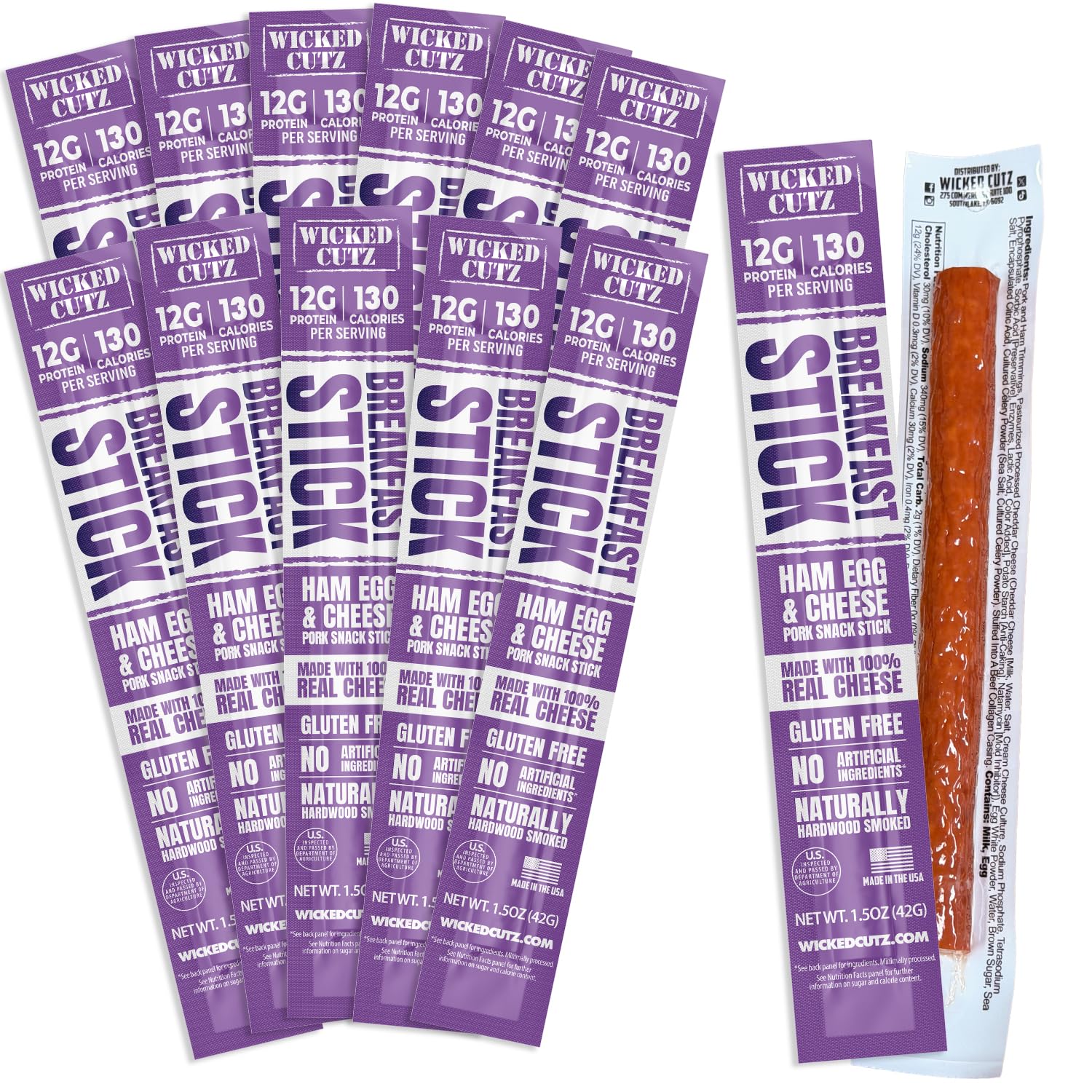Wicked Cutz front packaging showing ham egg and cheese breakfast sticks and convenience benefit