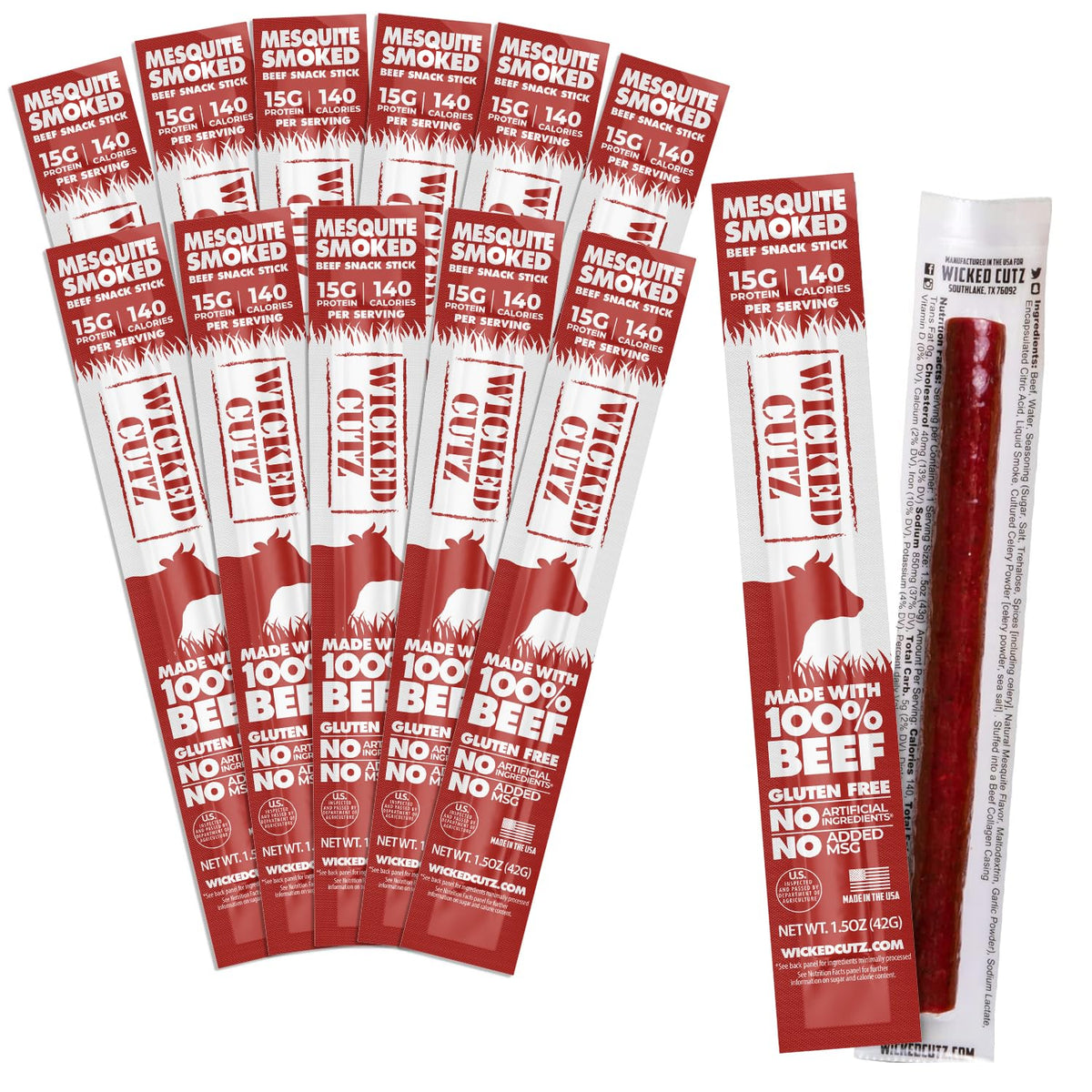 Wicked Cutz front packaging showing 12-stick pack and mesquite flavor benefits