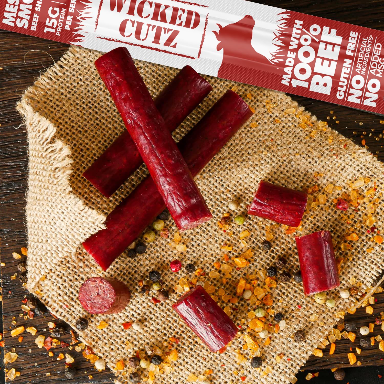 Wicked Cutz beef stick in a backpack pocket demonstrating travel-friendly snack