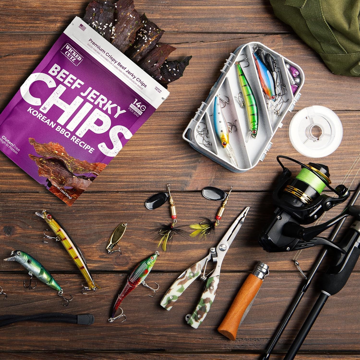 Wicked Cutz jerky chips in backpack outdoors showing durable, high‑protein hiking snack