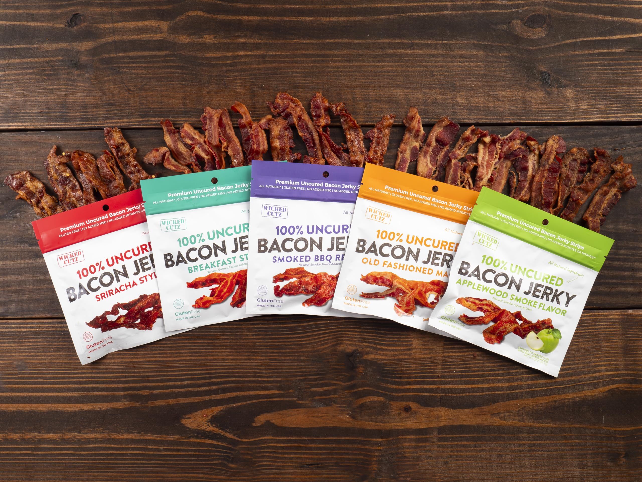Wicked Cutz bacon jerky in travel bag outdoors showcasing on-the-go protein