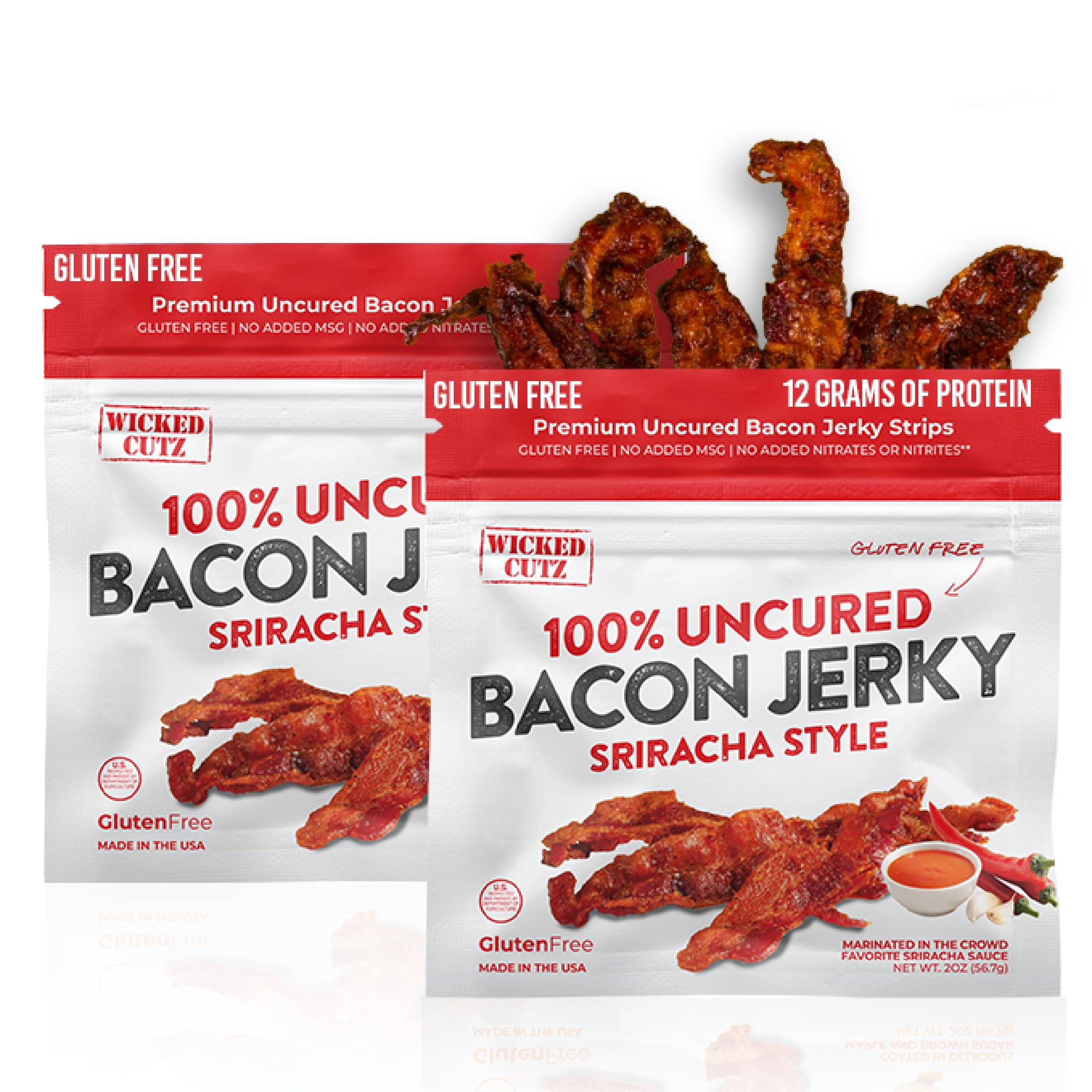 Wicked Cutz front packaging showing spicy sriracha bacon and protein benefit