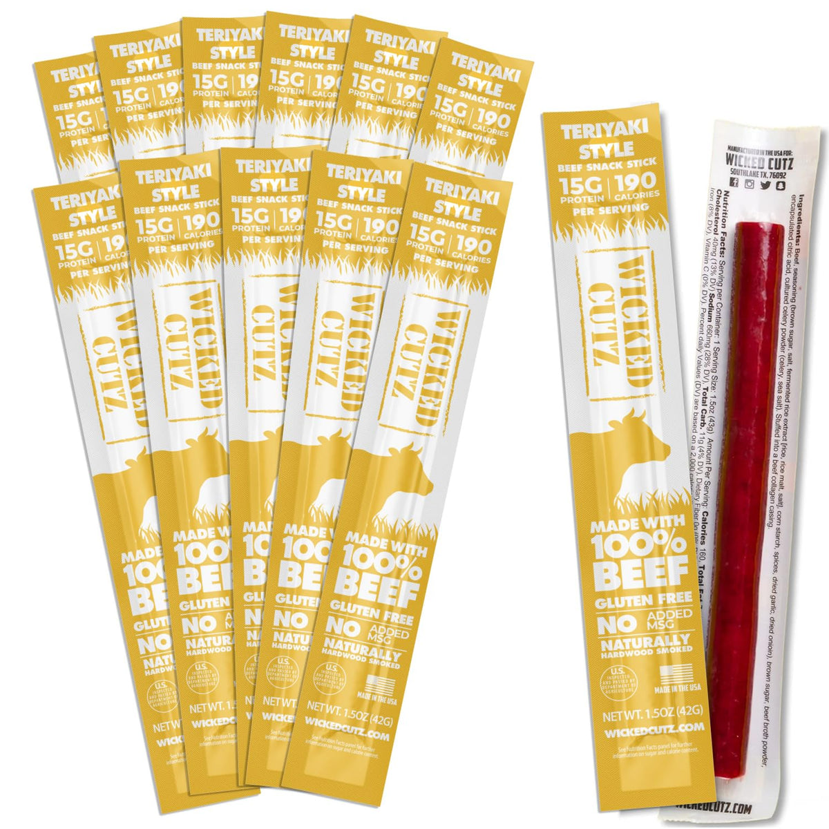 Wicked Cutz front packaging showing teriyaki beef sticks and nutrition benefits