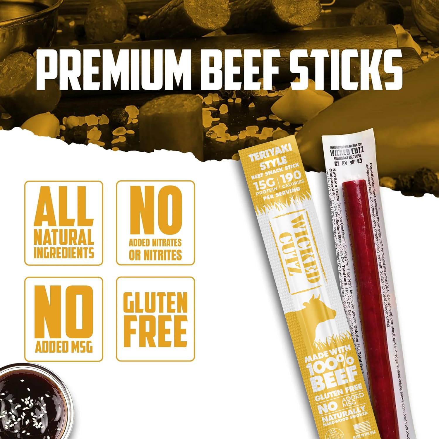 Wicked Cutz individually wrapped teriyaki stick ready for on-the-go snacking