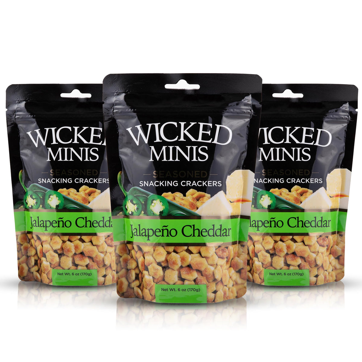 Wicked Mix front packaging showing jalapeño cheddar minis and serving idea