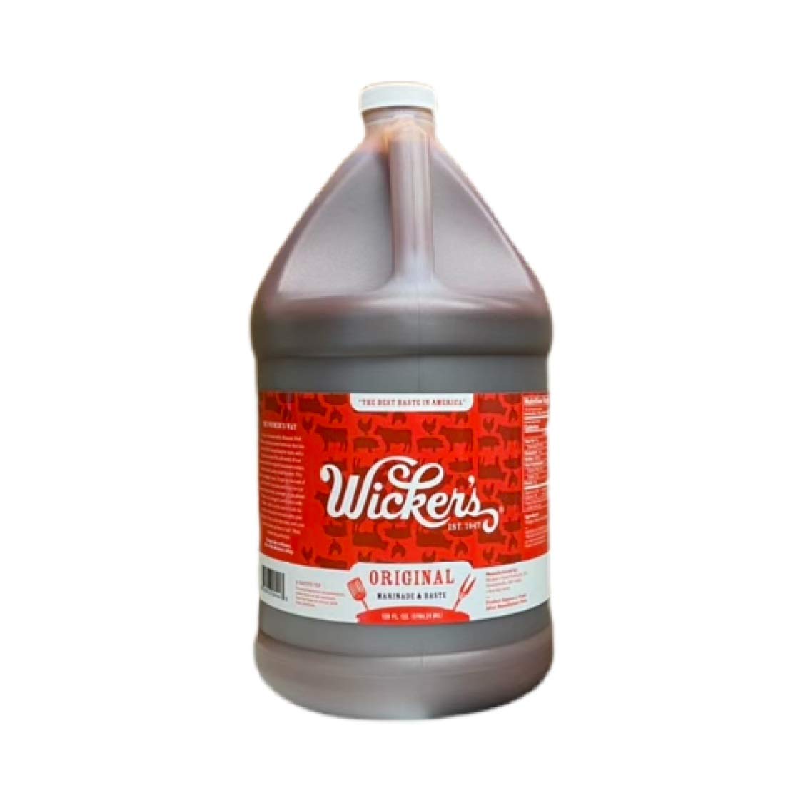Wicker's bottle front view showing gallon label and ready-to-use marinade for grilling