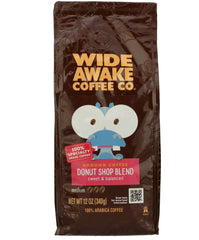 Wide Awake Coffee front packaging showing 12 oz bag and clear branding, convenient storage