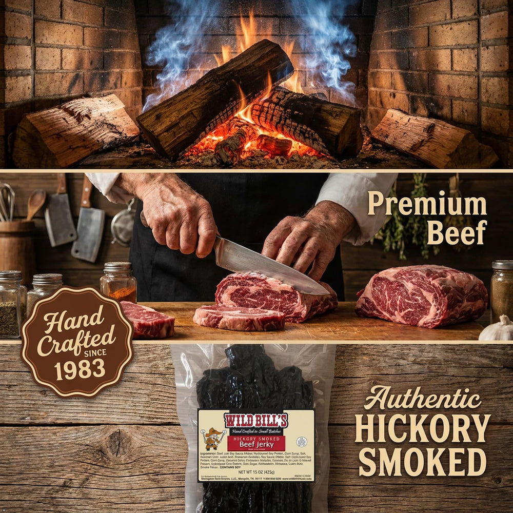 Wild Bill's smokehouse scene illustrating slow hickory smoking and authentic flavor