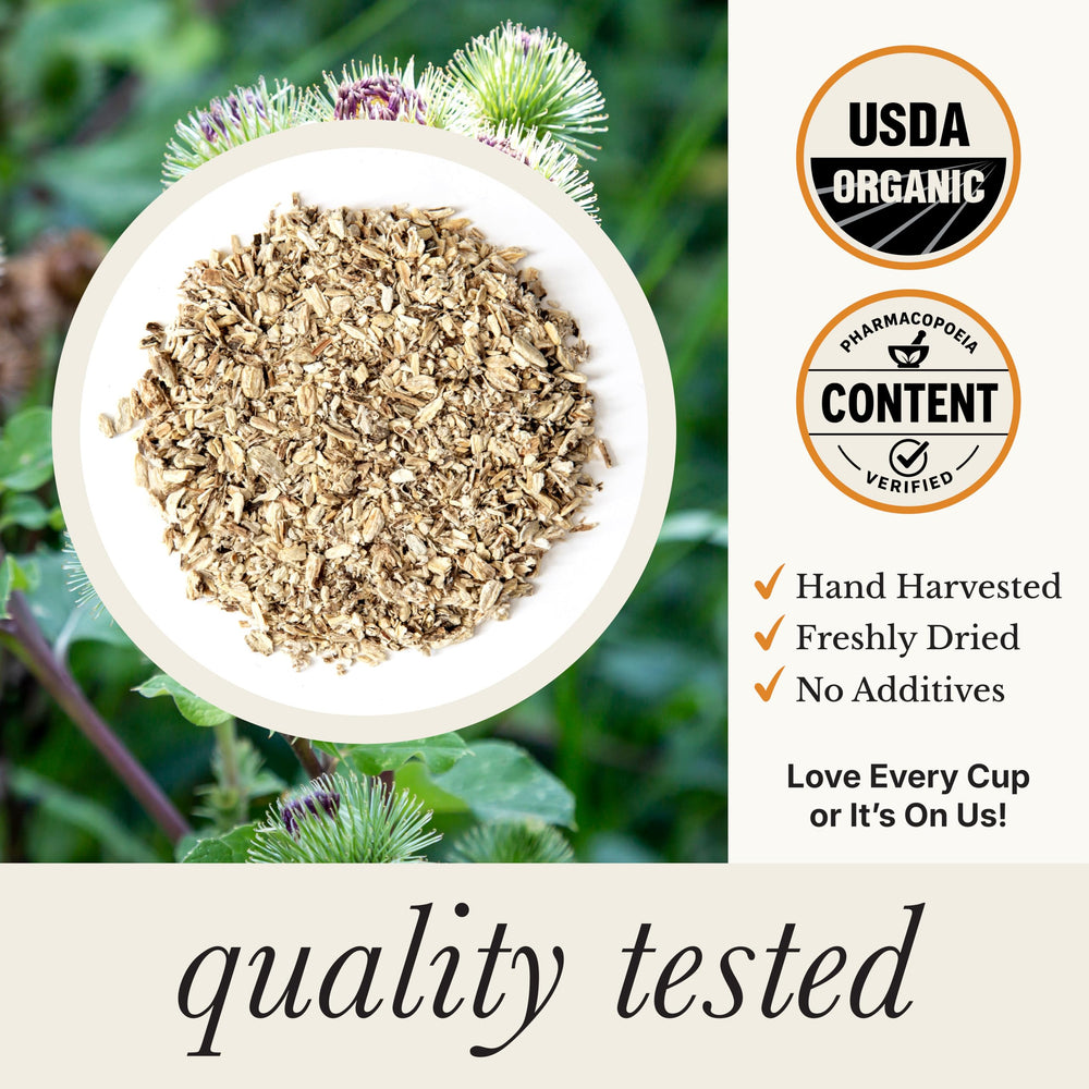 Wild Bliss brewed cup of burdock infusion offering soothing flavor