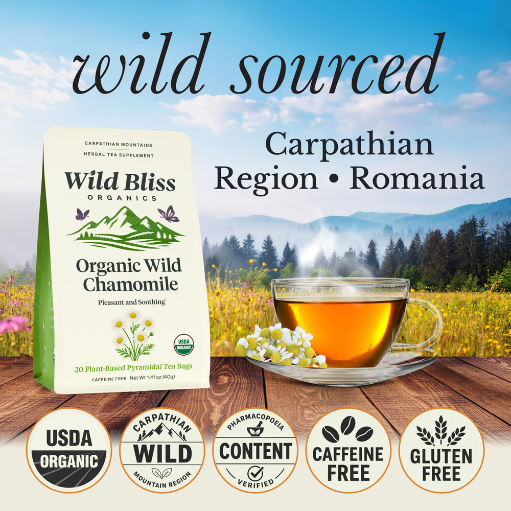 Wild Bliss brewed cup top view showing golden floral infusion aroma