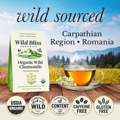 Wild Bliss brewed cup top view showing golden floral infusion aroma