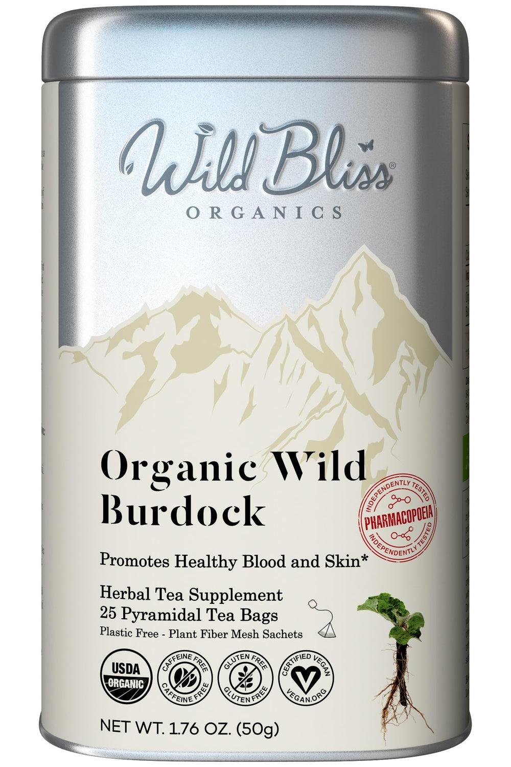 Wild Bliss front packaging showing organic burdock tea benefits