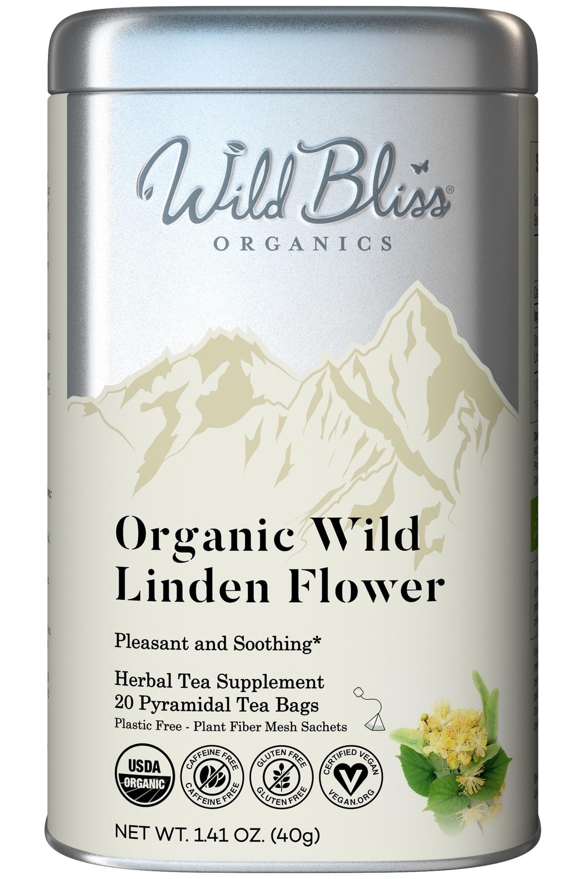 Wild Bliss front packaging showing organic linden tea and benefits