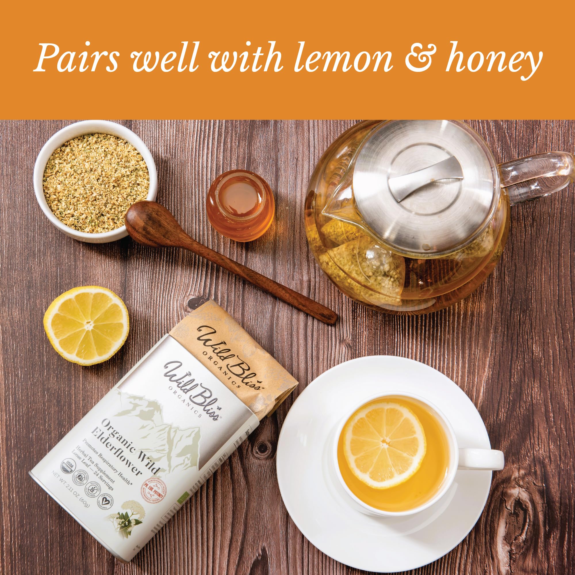Wild Bliss cup of elderflower tea in cozy lifestyle setting for relaxation