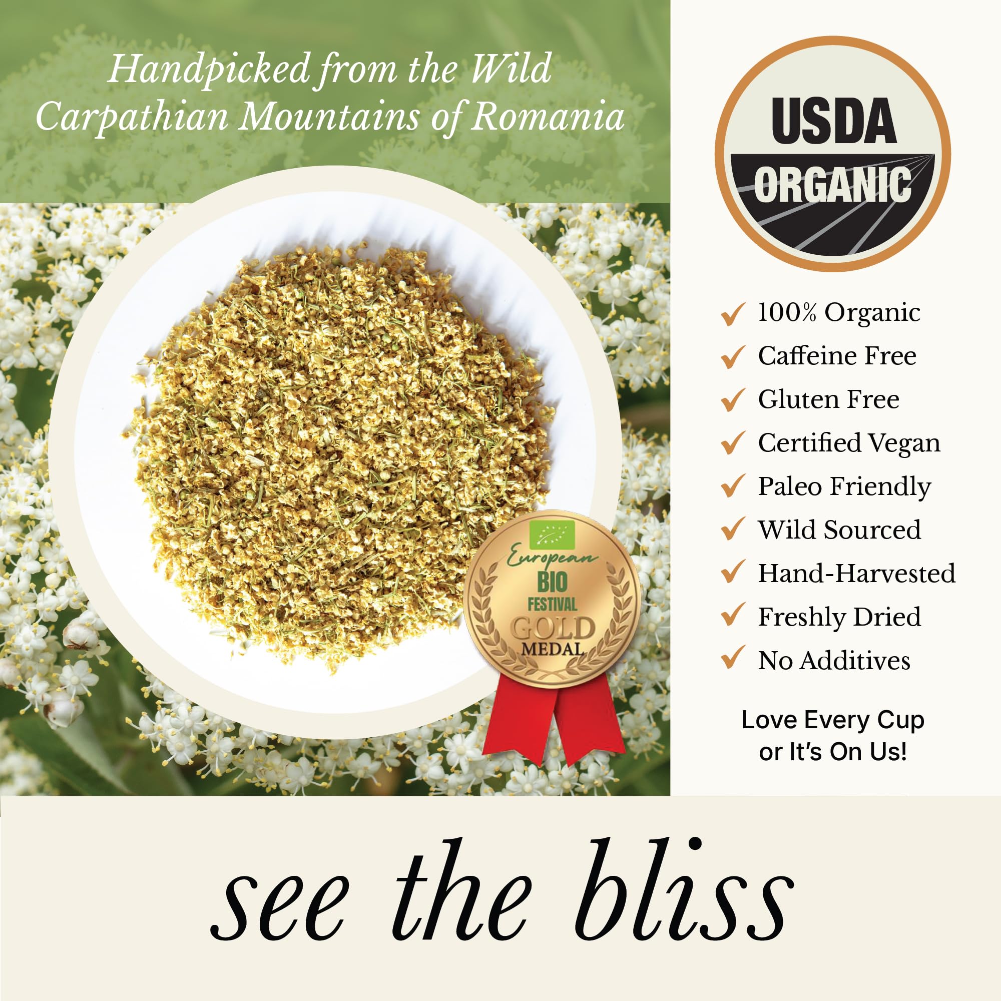 Wild Bliss brewed elderflower tea in cup showcasing soothing aroma