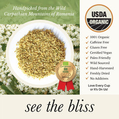Wild Bliss brewed elderflower tea in cup showcasing soothing aroma