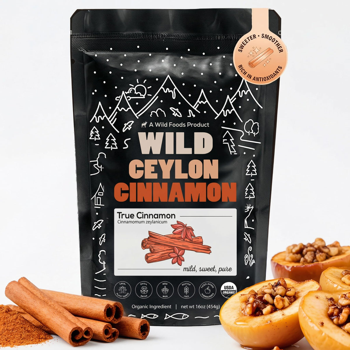 Wild Foods front packaging showing organic Ceylon cinnamon for pantry freshness