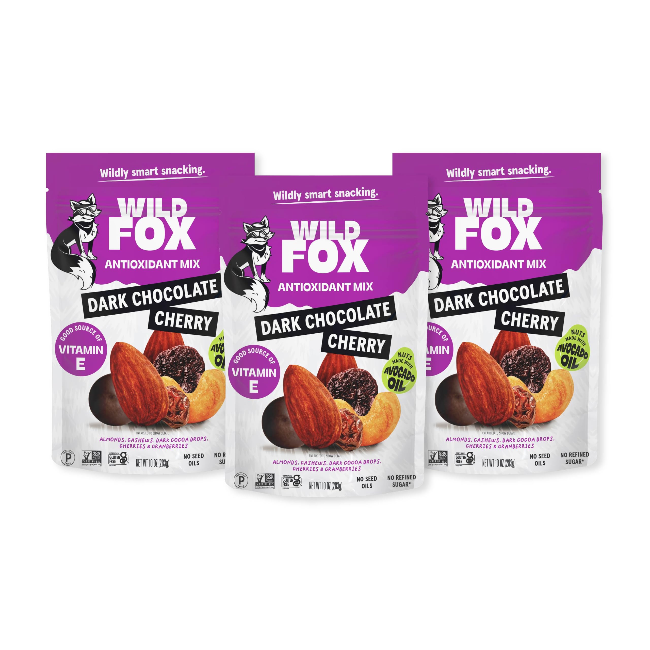 Wild Fox front packaging showing three 10oz bags and brand benefit