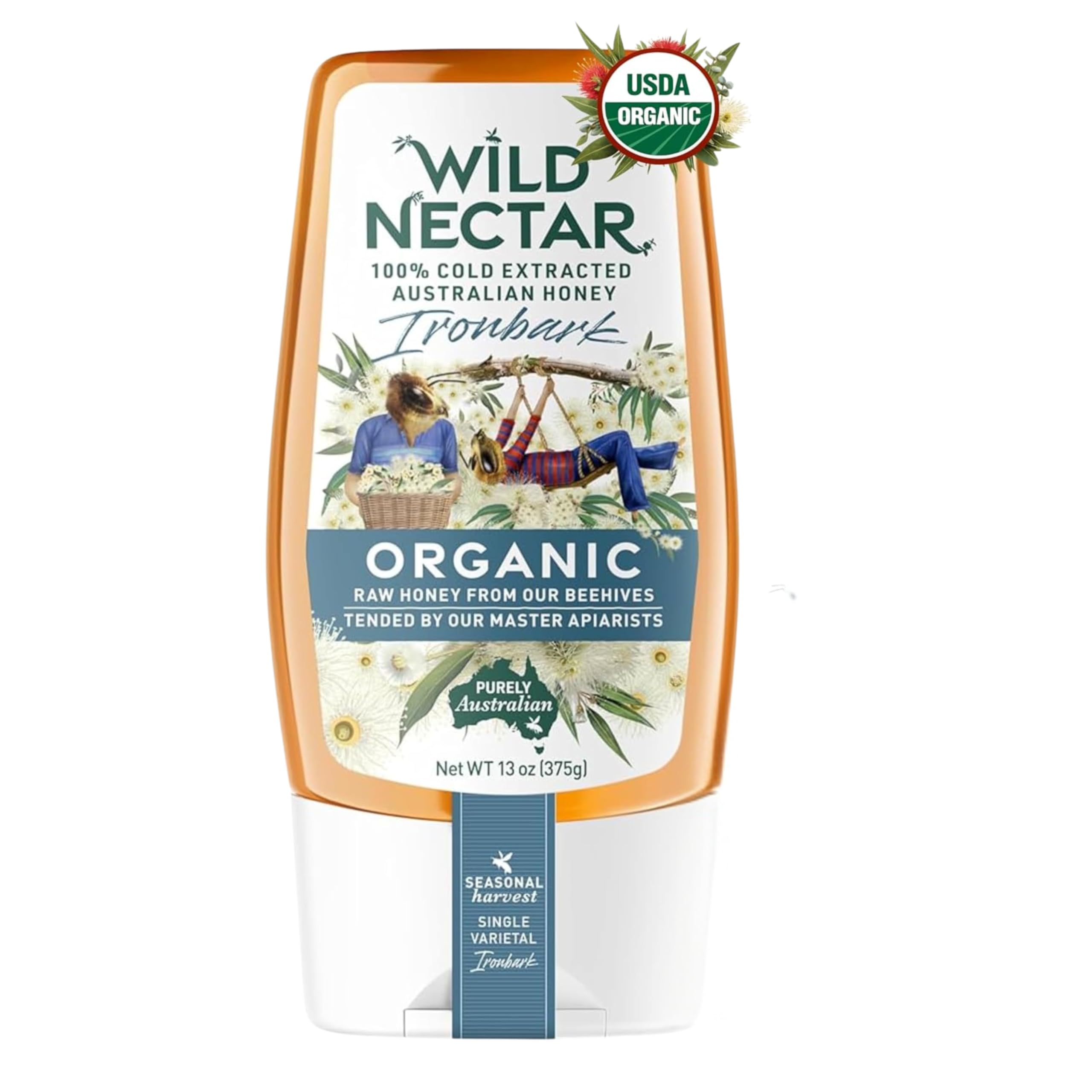 Wild Nectar front packaging showing organic ironbark honey in squeeze bottle, clear traceability benefit