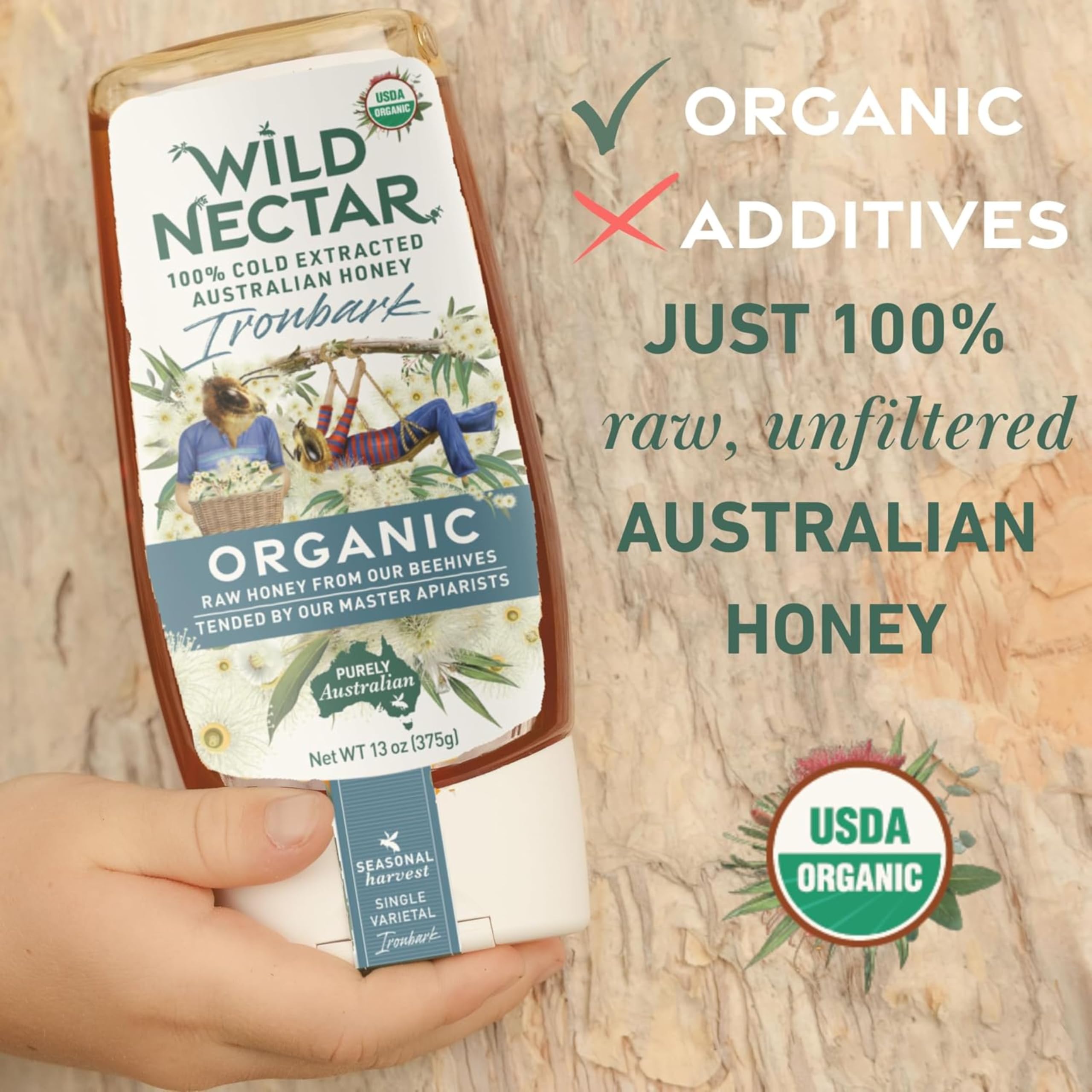 Wild Nectar spoonful of raw ironbark honey demonstrating rich color and concentrated flavor